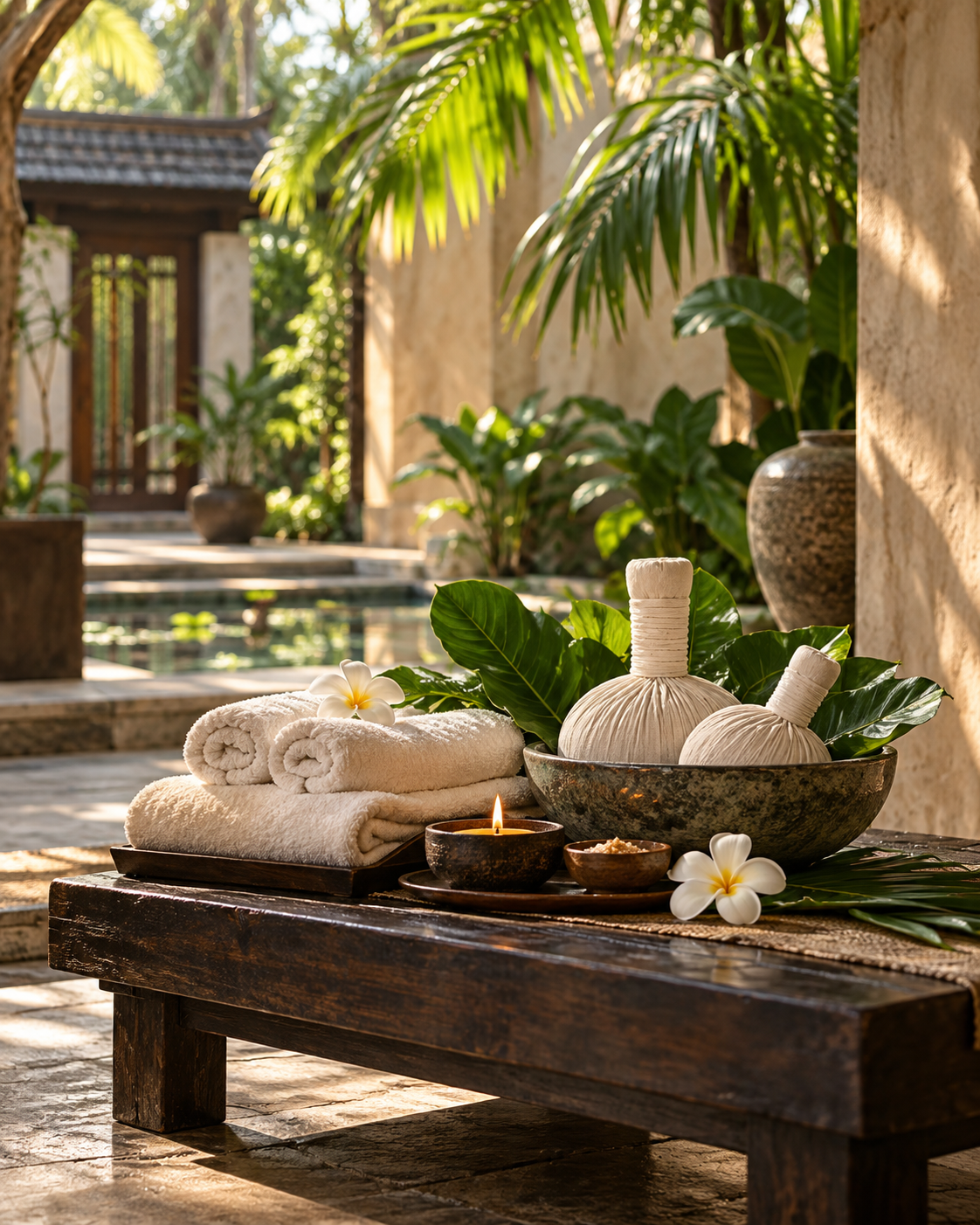 Ivory towels, traditional Thai herbal compresses, frangipani flowers and candlelight in a peaceful tropical spa